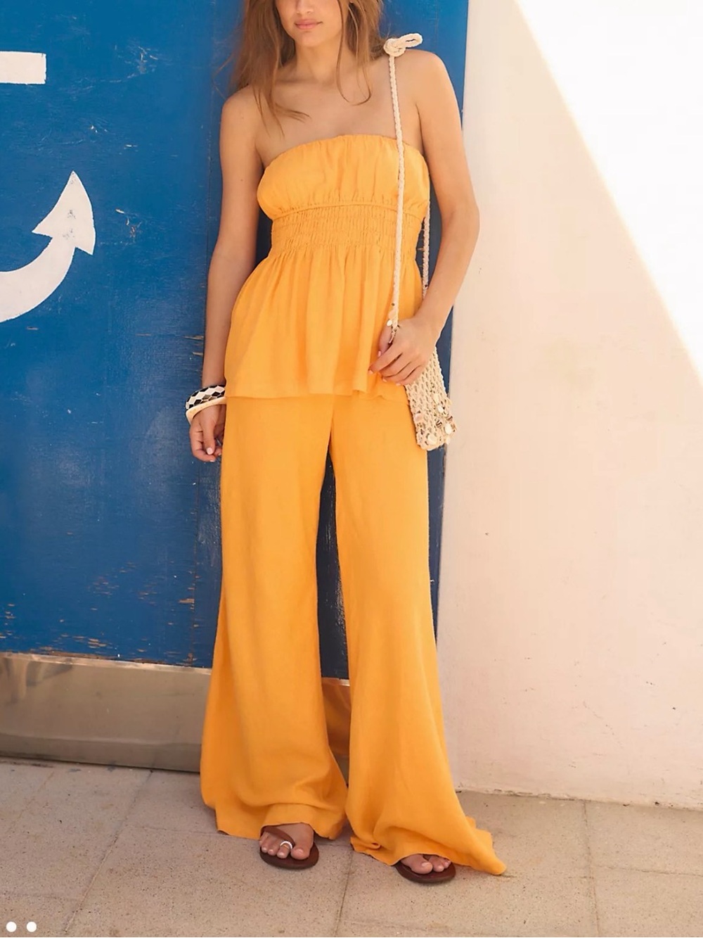 Free People Strapless Smocked Wide-Leg Jumpsuit in Yellow